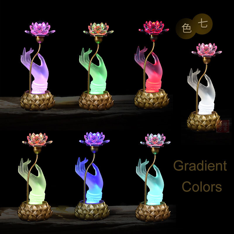 Estilo Zen criativo resina Buda lâmpada, par com lótus de cristal, mesa de LED, gradiente de sete cores, um par, 2 pacotes