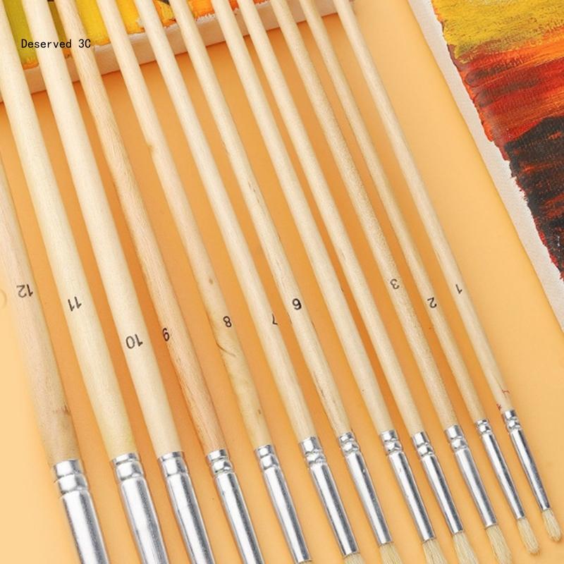 R9CB 12 Pcs Round Tip Paint Brush Portable Artist Set for Beginner Gouache Watercolor Oil Acrylic Painting Miniatures Art