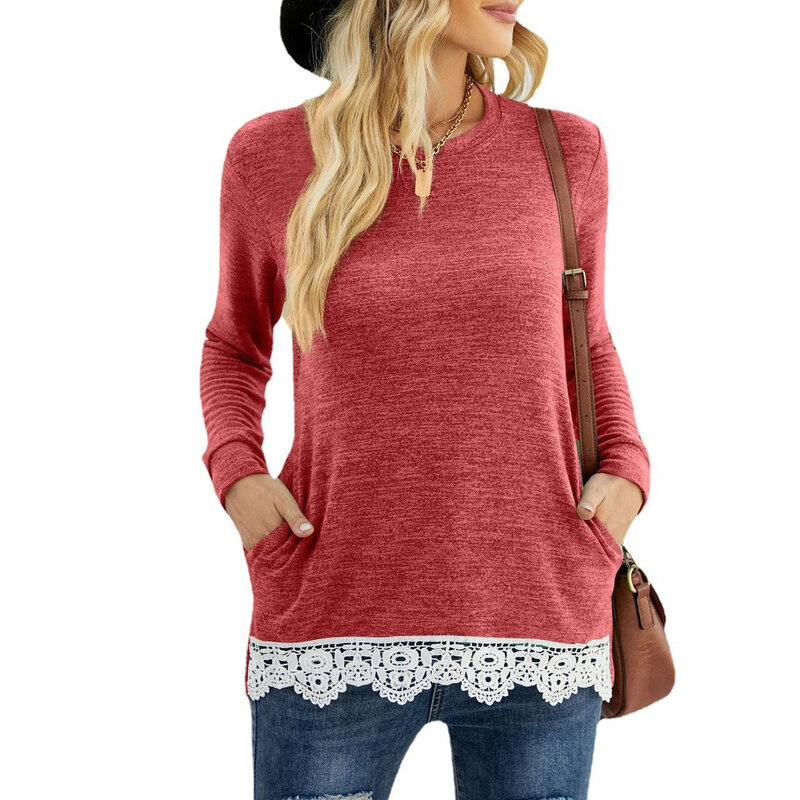 Camiseta de cuello redondo para mujer, Jersey informal suelto, blusa de empalme de encaje con bolsillo, moda de otoño e invierno