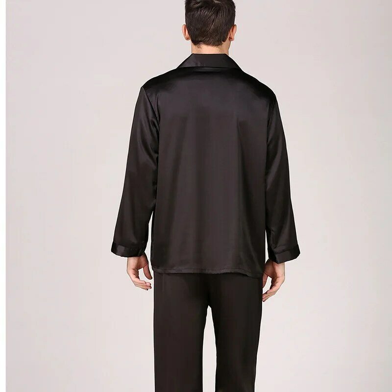 Pijama de satén de seda con cuello vuelto para hombre, ropa de dormir de manga larga, 2 piezas