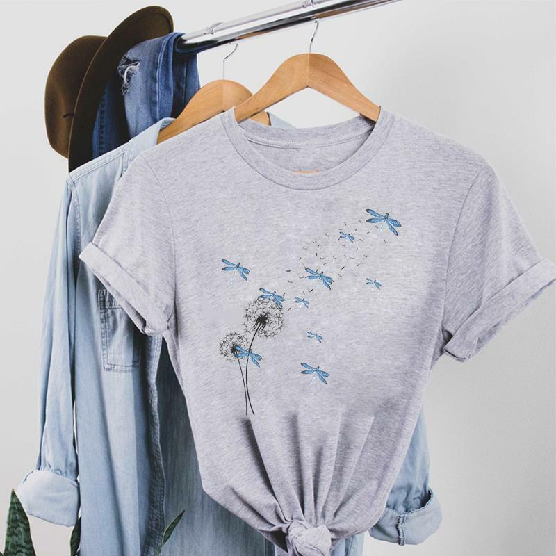 ผู้หญิงพิมพ์เสื้อผ้า Dandelion สีน้ำ Dragonfly Love เสื้อผ้าผู้หญิง Tee Tshirt แฟชั่นพิมพ์การ์ตูนสุภาพสตรีกราฟิกเสื้อยืด