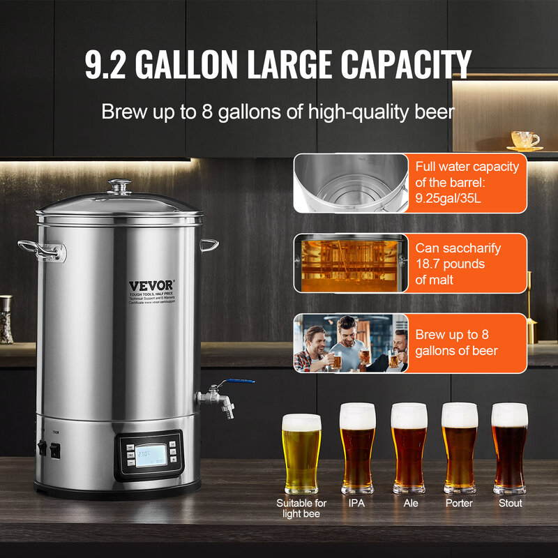 VEVOR-sistema de elaboración de cerveza eléctrica, 8 galones, olla todo en uno, cerveza casera, suministros de elaboración de acero inoxidable 304