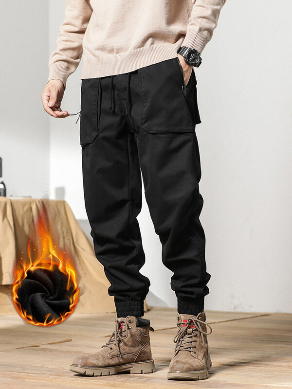 Inverno calças de carga masculina 2022 novos multi-bolsos grossos calças de lã quente masculino streetwear fino casual algodão corredores térmicos