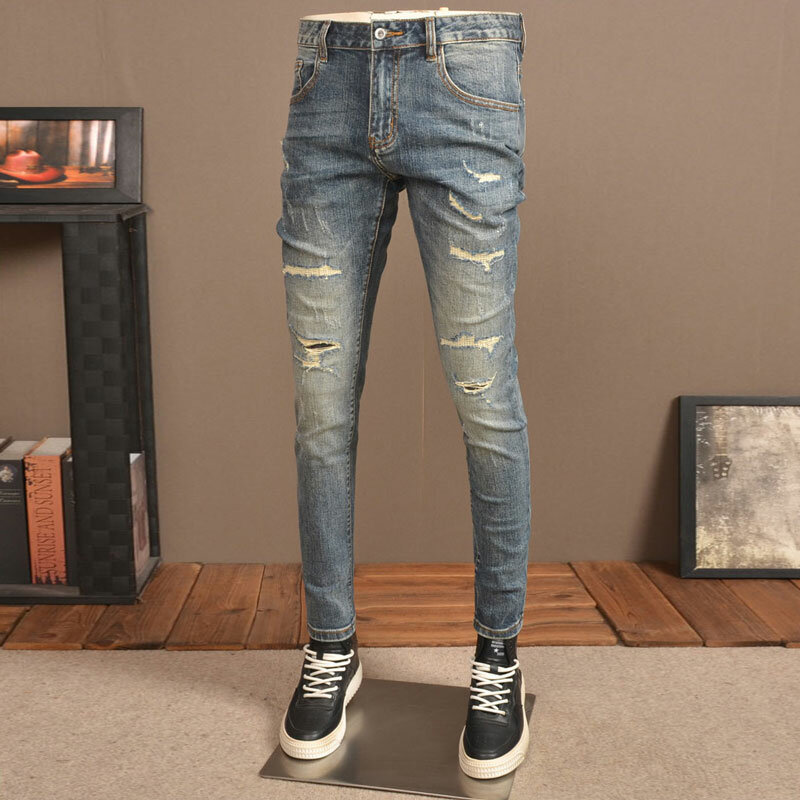 Jeans rasgado de ajuste fino elástico azul retrô lavado masculino, calça jeans casual, streetwear estilista vintage, moda
