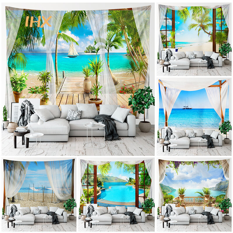 Tapeçaria de parede grande janela 3D, decoração estética do quarto, paisagem do oceano Boho, decoração do quarto pendurado, casa