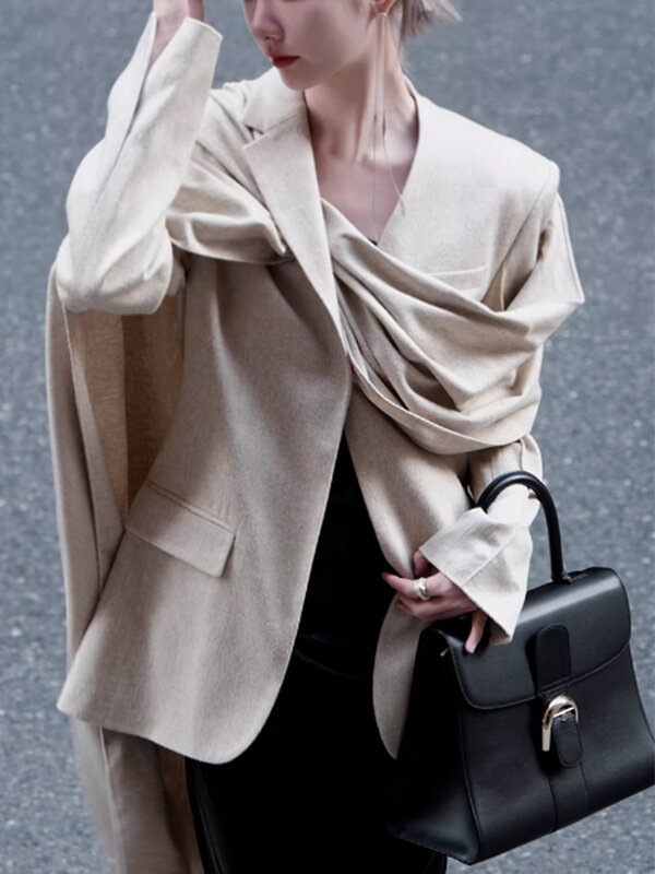 TWOTWINSTYLE Solid Minimalist Blazer For Women Scarf Collar Long Sleeve Patchwork Pocket Asymmetrical Blazers Female Fashion New