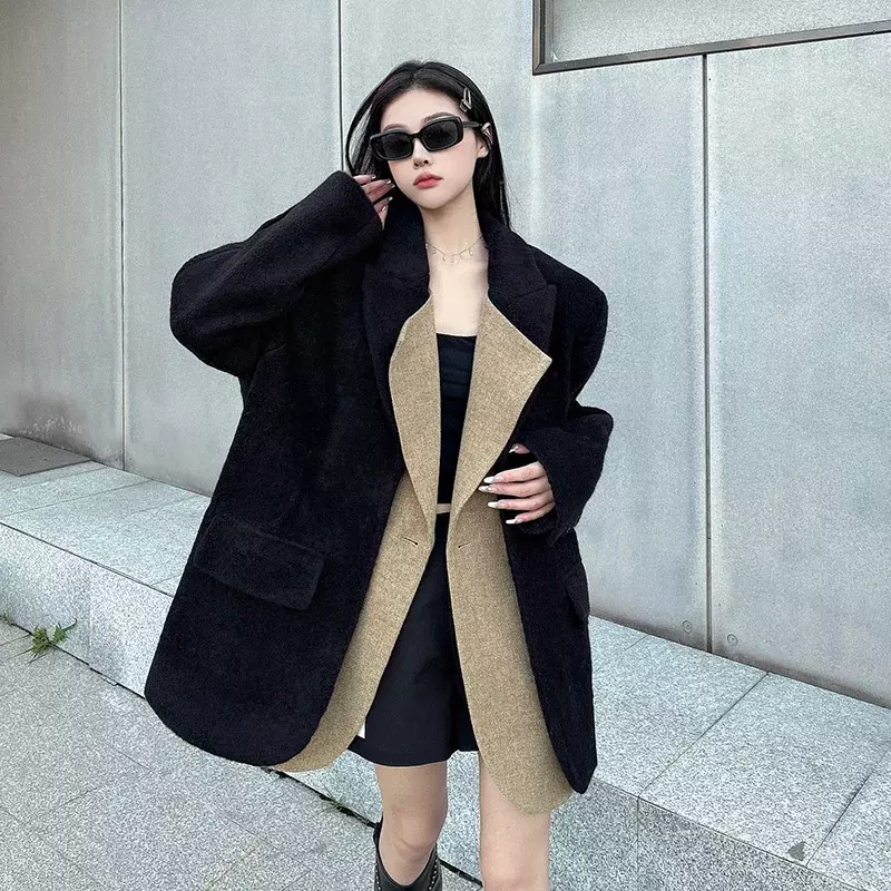 Insozkdg jaket wol hitam tebal wanita, jaket jas wol warna kontras kelas atas musim gugur dan dingin