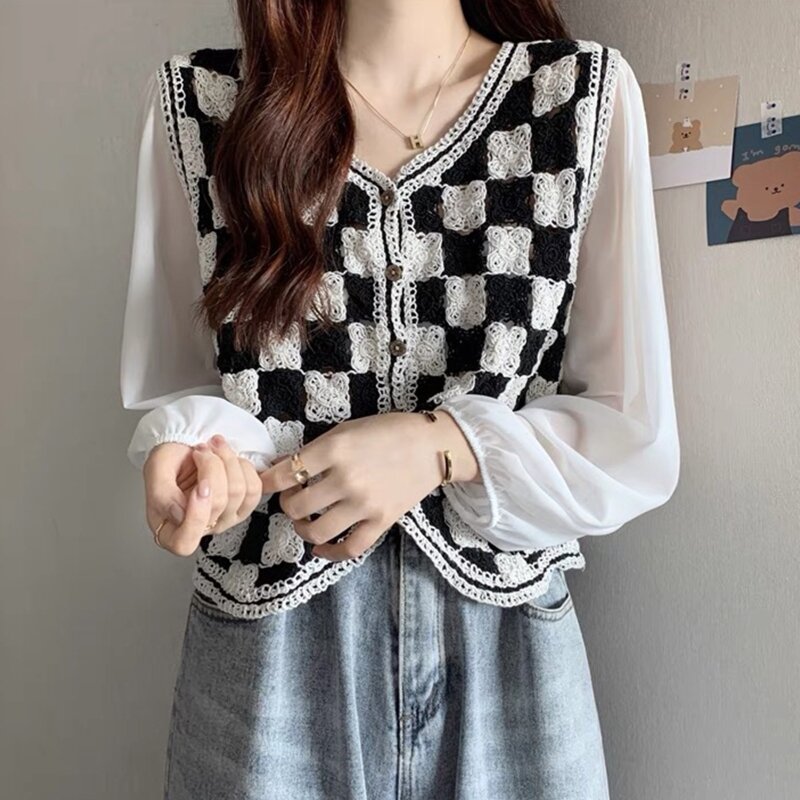 449b blusa chiffon feminina topos moda preto & branco xadrez camiseta topo retro cardigan mangas compridas para diário