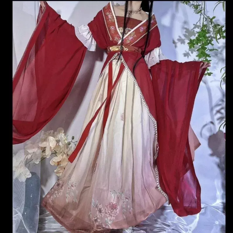 Retro Chiński Styl Czerwony Vestido Hanfu Sukienka Cosplay Kobiety Tradycyjny Nadruk Długa Spódnica 5-częściowy Zestaw Eleganckie Dziewczyny Spódnica Imprezowa Zestaw