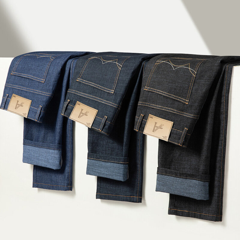 Classic men's solid color jeans, daily casual work pants, elastic long pants 2024 new products.Plus size men's pants 28-40