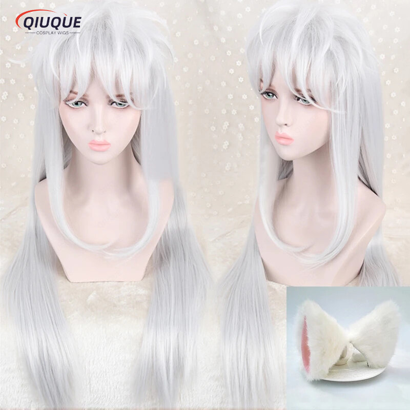 Anime 100cm Long White Styled Sesshoumaru Cosplay Wig With Ears Heat Resistant Hair Cosplay Wig + Free Wig Cap