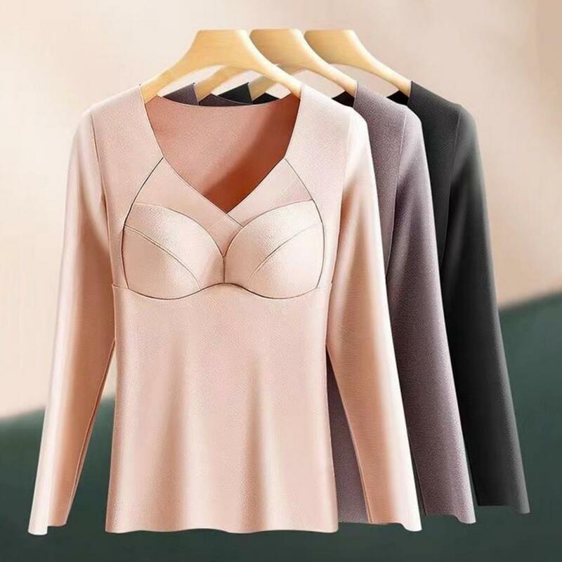 Women Thermal Top Thermal Top Cozy V-neck Padded Winter Top for Women Thick Plush Warm Pullover with Heat-locking for Ladies