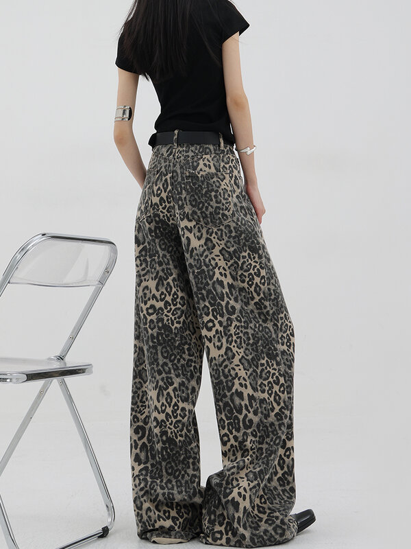 Leopard Print Jeans Women Summer New High Waisted Vintage Wide Leg Pants Streetwear Fashion Casual Baggy Denim Trousers Y2k