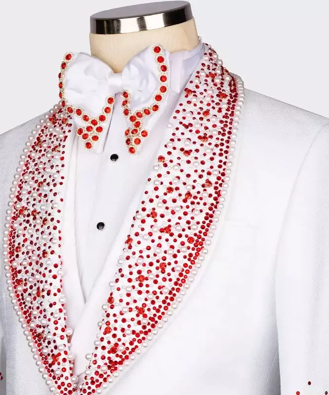 Weiße Männer Anzüge Set maßge schneiderte Jacke 2 Stück Blazer Hose Luxus rot Perlen Bräutigam Hochzeit Smoking Prom Party Mantel Hose