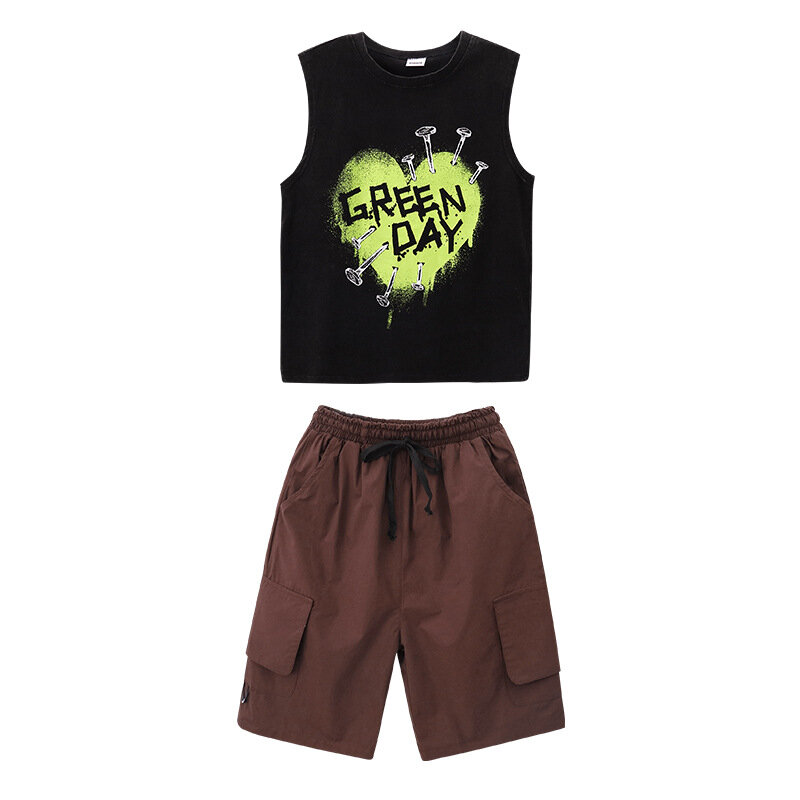 Детская одежда в стиле хип-хоп, длинные шорты-карго с принтом черного сердца, кофейные повседневные летние свободные шорты для девочек и мальчиков, танцевальный костюм, одежда