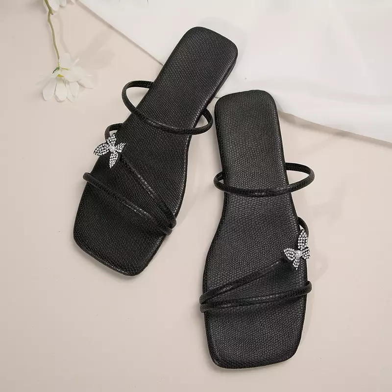 2024 New Spring and Summer Wear Solid Color Square Head Flat Bottom Simple Design Sense Hollow-out Large-size Women's Sandals