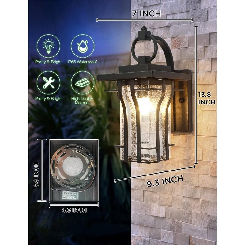 Lâmpada de parede exterior com vidro semeado, Lanterna de parede exterior, Alpendre Lighting Mount, lâmpada impermeável