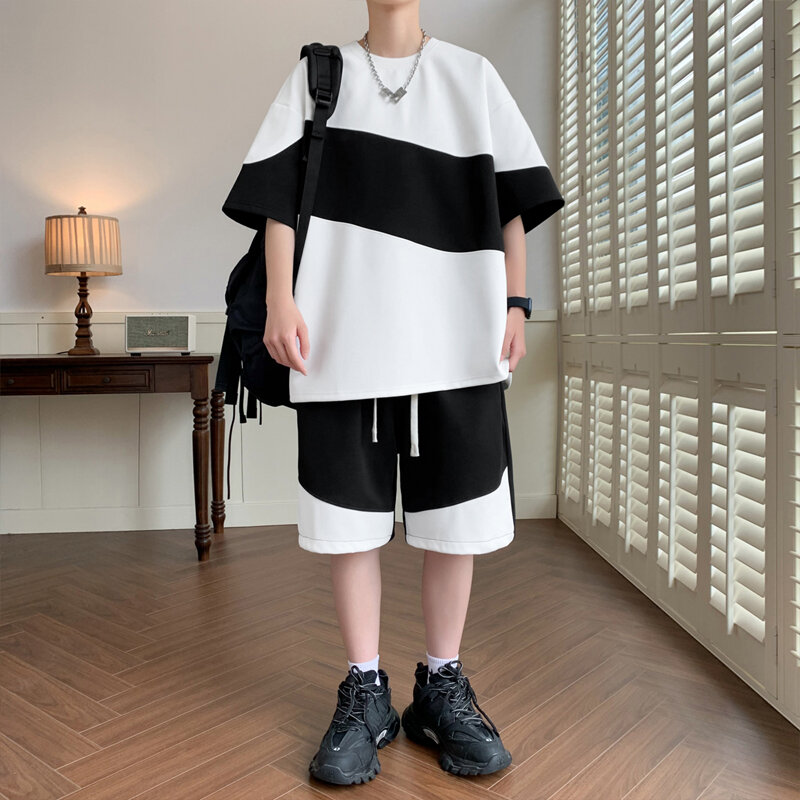 Костюм спортивный мужской в стиле пэчворк, Повседневная дышащая футболка и шорты, комплект из 2 предметов, уличная одежда в Корейском стиле, лето