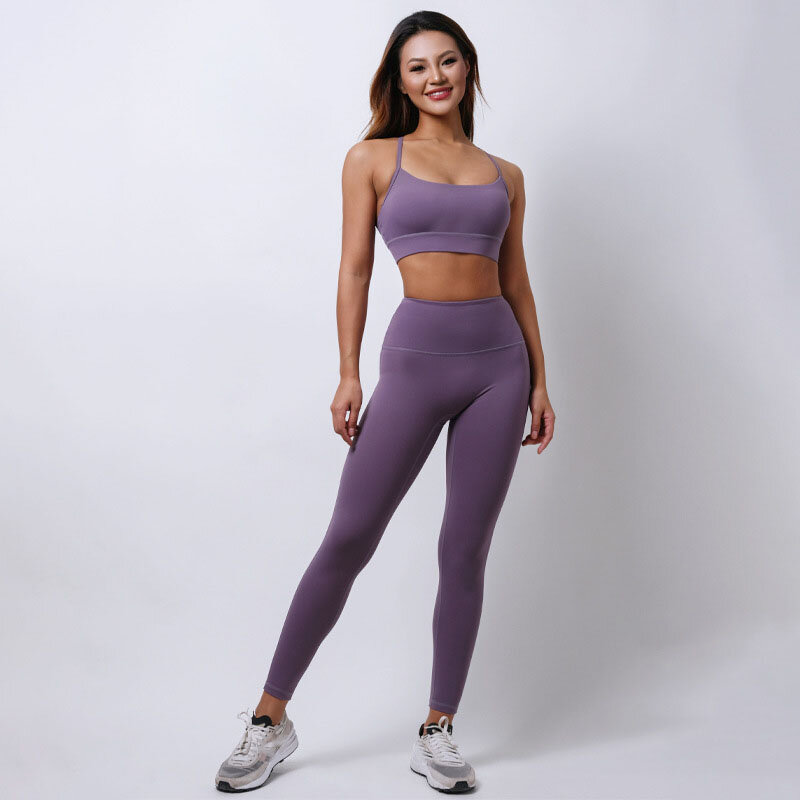 New Double sided Nude Beauty Back Sports Bra for Women with No Awkwardness Thread High Waist and Hip Lift Yoga Fitness Set