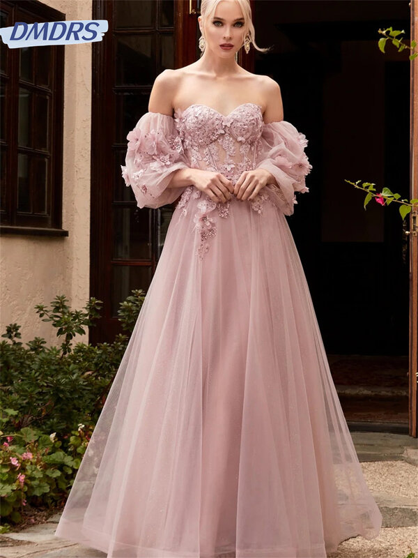 Anmutige schulter freie Kleider 2024 romantisches, mit Blumen besticktes Abendkleid klassisches boden langes A-Linien-Kleid vestidos de novia