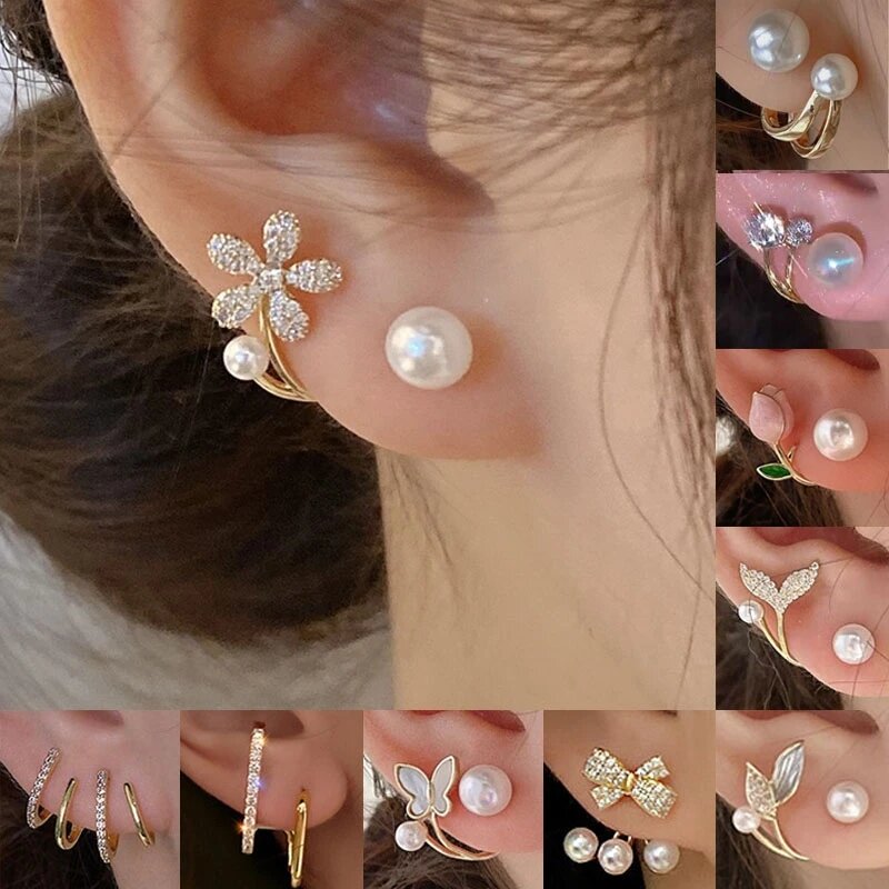 Orecchini di cristallo di perle Vintage coreani per gioielli da donna orecchini a bottone da donna con foglia di farfalla di fiori di zirconi di lusso di alta classe