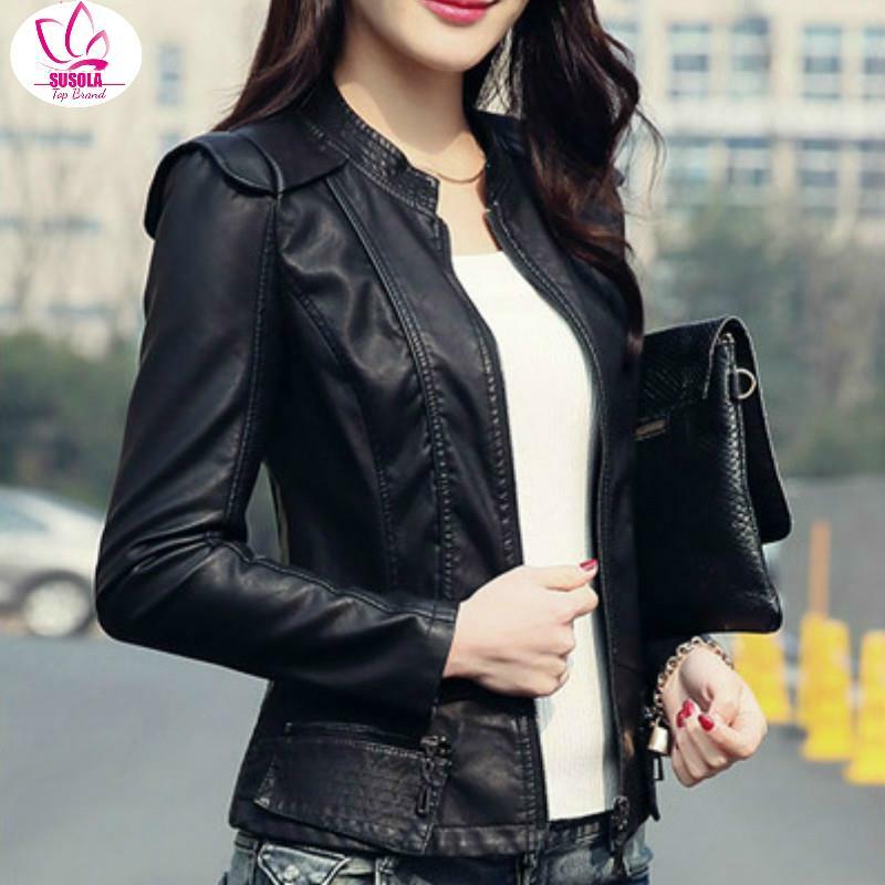 SUSOLA-PU Casaco de couro para mulheres, outwear preto fino, jaquetas com zíper, casacos falsos femininos, primavera e inverno, Cool Lady