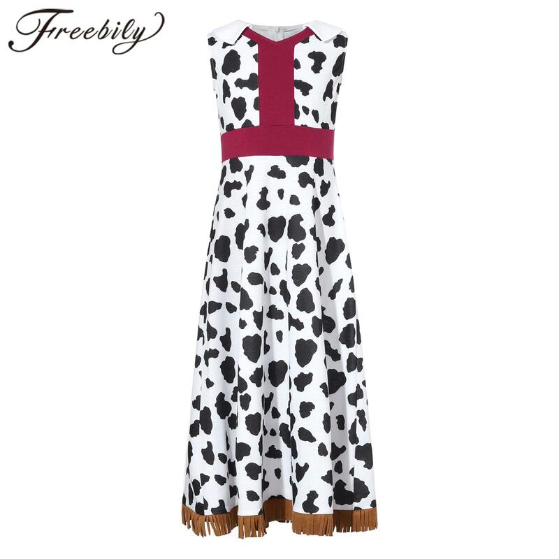 Kids Halloween Costume V Neck Sleeveless Cow Print Fringe Tassels Dresses for Girls Cowgirl Dress Up Performance Party Clothes