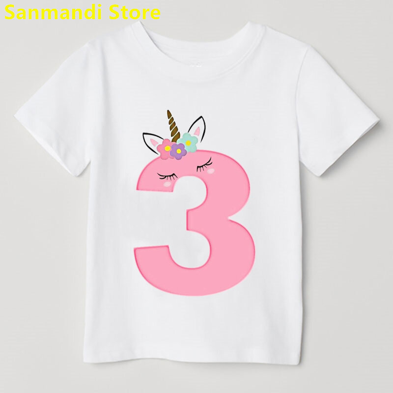 Novo rosa flores unicórnio impressão camiseta meninas 2th-9th presente de aniversário para meninas camiseta kawaii crianças roupas engraçado t camisa menina
