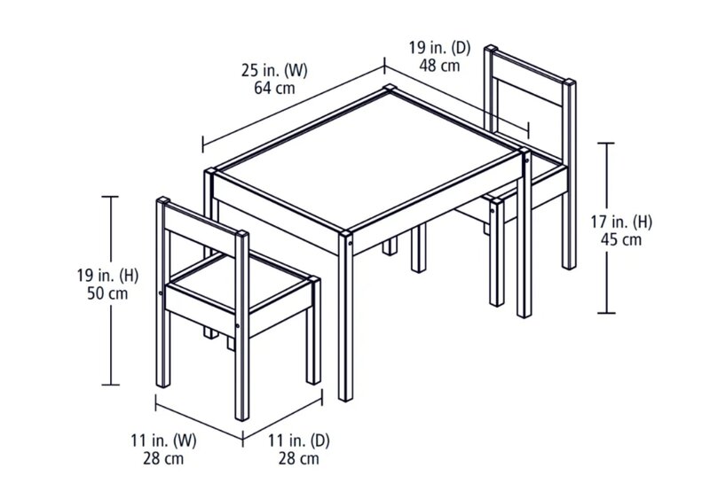 Conjunto de mesa e cadeiras, em branco, 3 peças