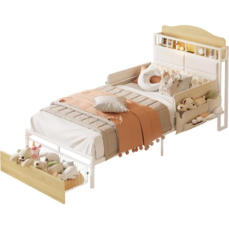 Прочная металлическая платформа для кровати, детская кровать, рама без коробки, многофункциональное изголовье кровати с зарядной станцией, бесшумная, белая