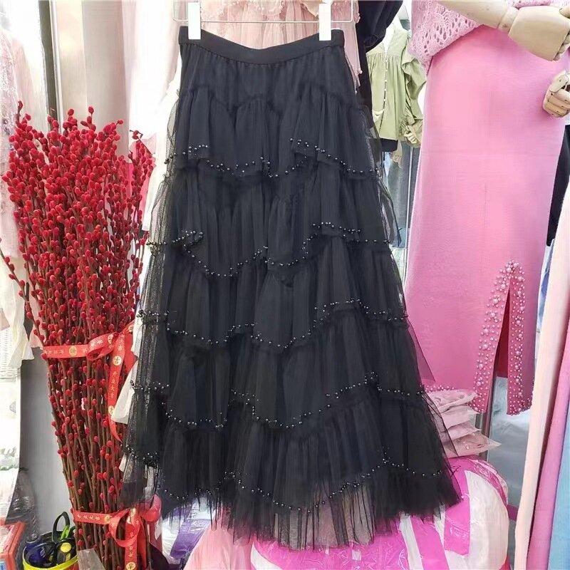 Women Mesh Long Skirt Elegant Versatile Solid Colour Skirts Female Elastic Waist Half Body Fashion Ruffle A Line Skirts Q933