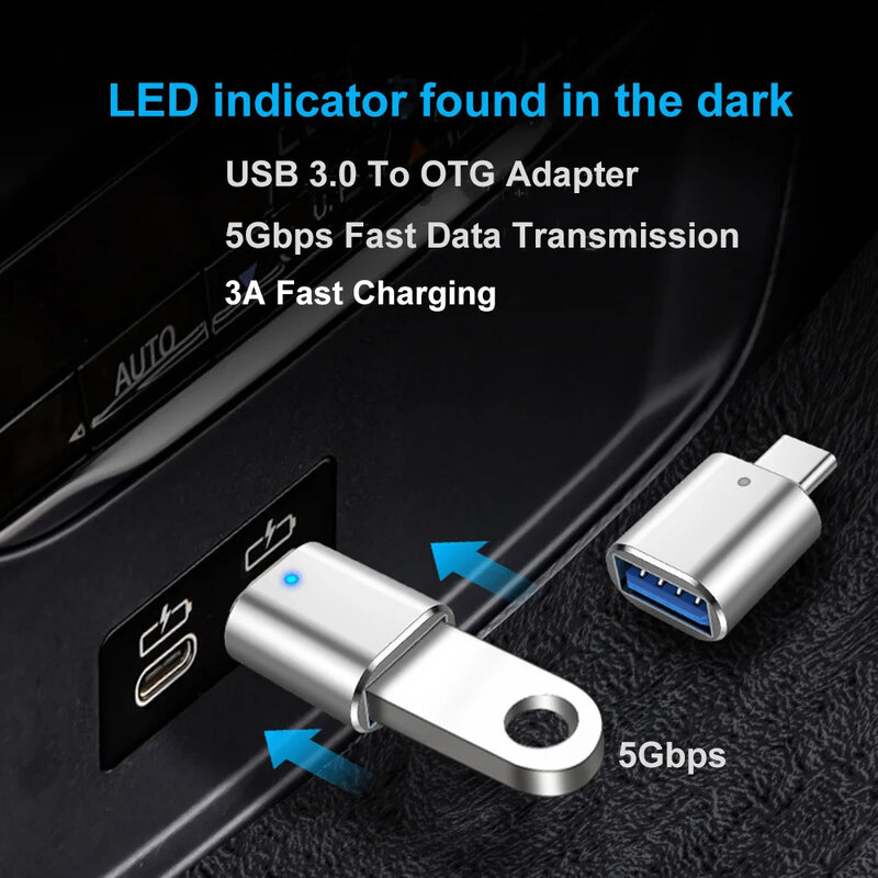 Adaptador USB 3.0 OTG, Conversor USB-C para USB A, Adequado para Macbook, Samsung, Xiaomi, Huawei, Conector LED