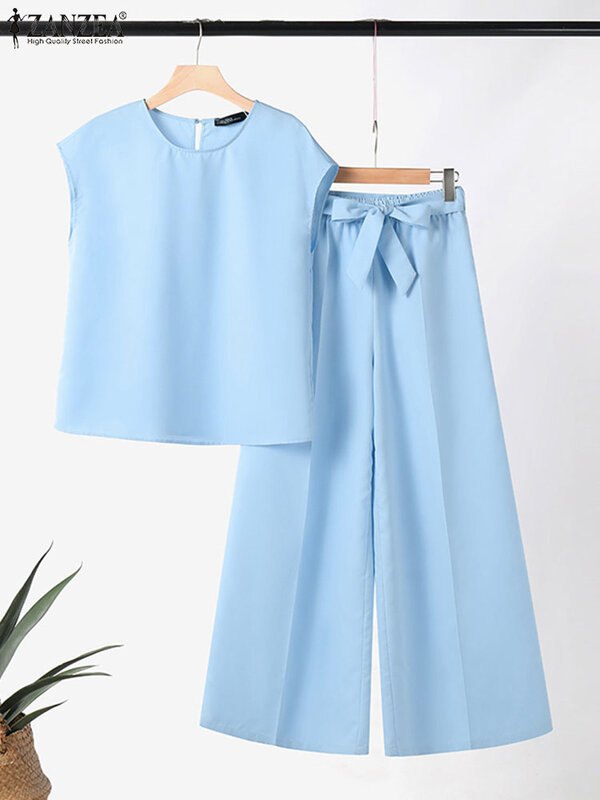 ZANZEA 2024 Summer Holiday 2pcs Outfits Elastic Waist Women Solid Short Sleeve Tops Tracksuits Casual Wide Leg Trouser Pant Sets