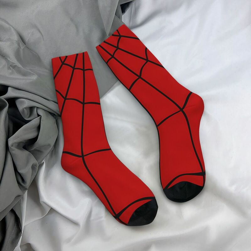 Kaus kaki senang untuk pria, hadiah kasual kaus kaki Crew motif pola kualitas Harajuku merah jaring laba-laba
