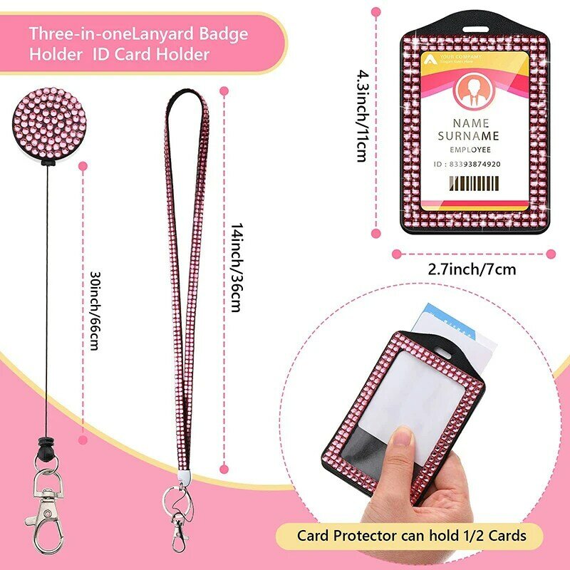 Rhinestone Badge Holder ID Lanyard Bling Crystal Necklace Strap Badge Card Holder Retractable Hanging Rope Work Card Case