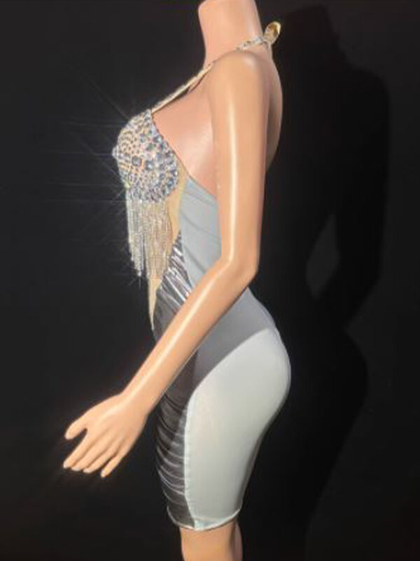 Robe à pompon diamant élastique pour femme, robe sexy, col frontal et fesses, vêtements personnalisés, haute qualité, chaud, nouvelle mode, 2024