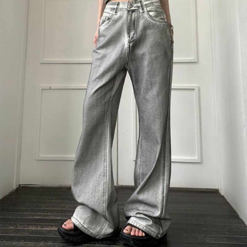 Deeptown-Jeans solto na moda vintage feminino, moda Harajuku, streetwear Gyaru, calças jeans de perna larga, coquette jovem, casual, Y2k