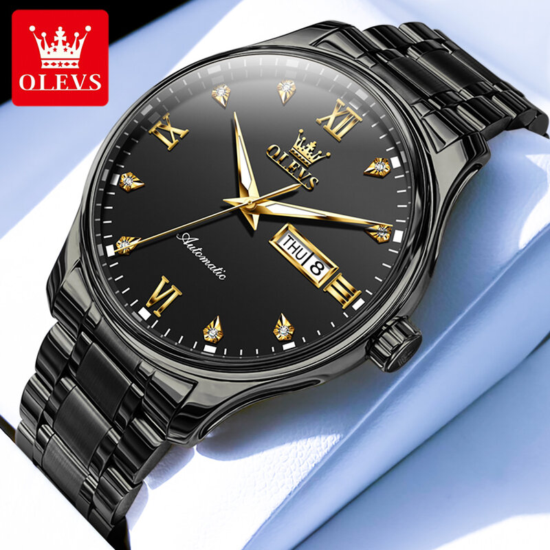 OLEVS jam tangan mekanis pria, arloji merek Top mewah berlian tahan air Stainless Steel tanggal bercahaya modis
