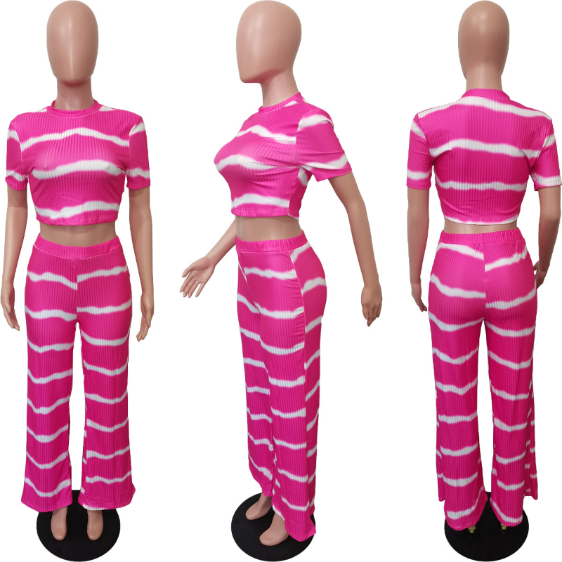 Striped Print Ribbed Two Piece Set for Women Short Sleeve Half High Collar Crop Top Wide Leg Pants 2023 Summer Sexy Club Outfits