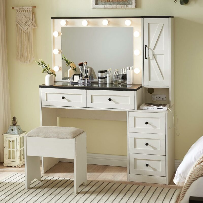 Farmhouse Vanity Makeup Desk with Charging Station, 43" W Vanity Desk with Lights Mirror and Drawers for Makeup, Modern