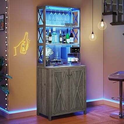 LED Light Bar Cabinet com suporte de vidro, Coffee Liquor Cabinet, Tall Buffet Wine Cabinet, Kitchen Storage