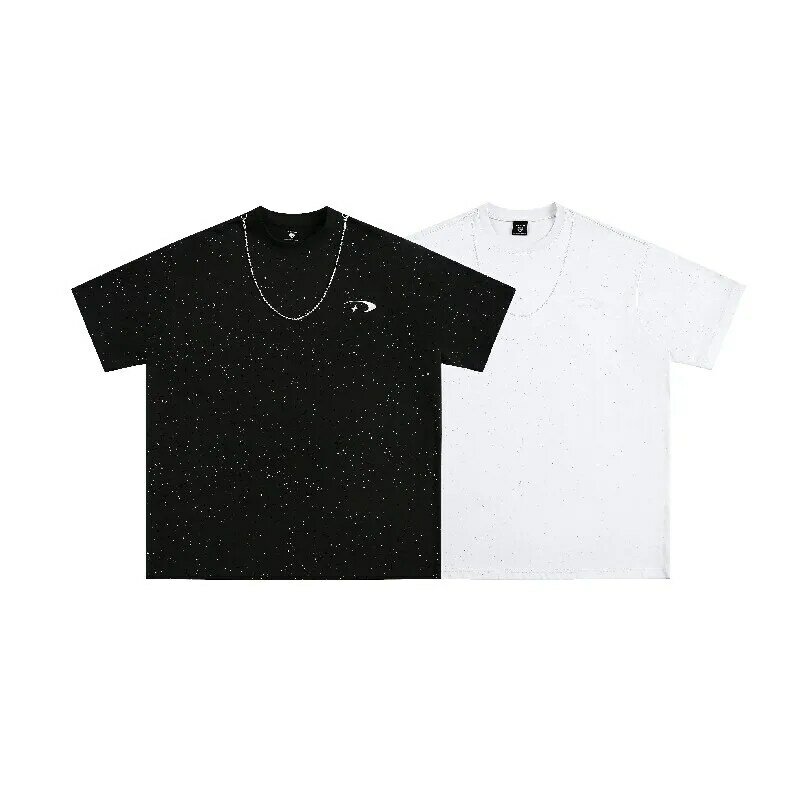 M-2XL! New American Style High Street Starry Necklace Splicing Short Sleeved T-shirt for The Summer of 2024