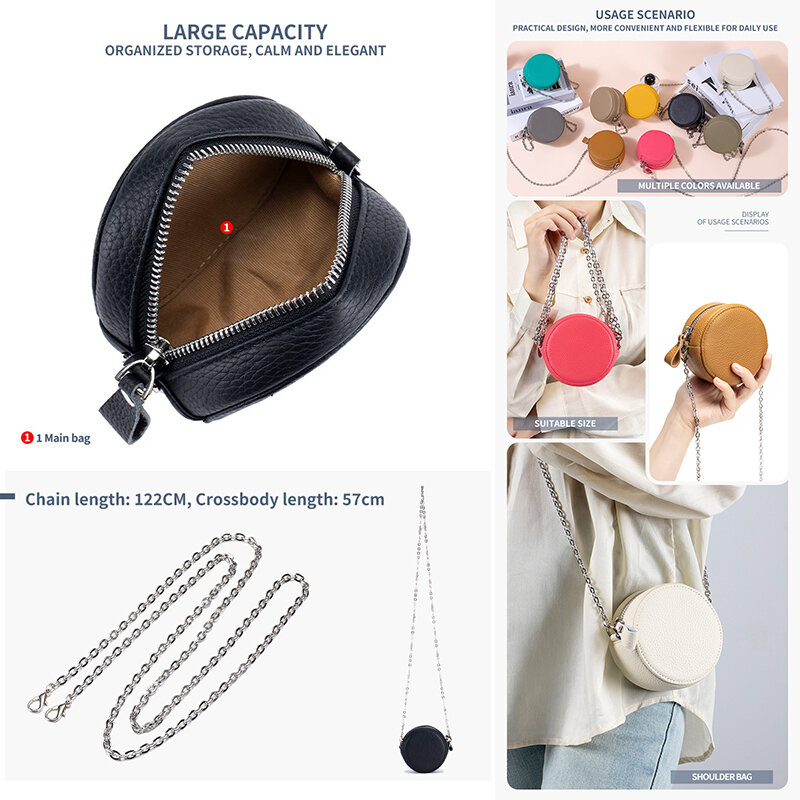 Genuine Leather Crossbody Bags for Women Trendy Circle Cross Body Mini Chain Shoulder Bag 2024 New Ladies Designer Round Purses