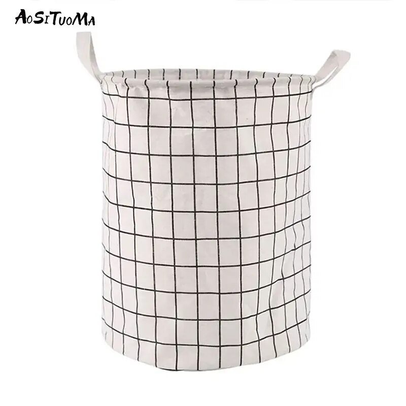 Household Dirty Clothes Basket Toy Storage Bucket Plaid Fabric Cotton Linen Dirty Clothes Basket Large Foldable Waterproof Stora