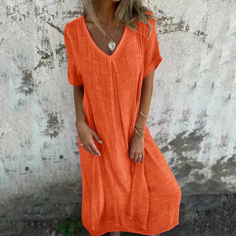 Women's Loose Fitting V Neck Casual Dress Solid Color Short Sleeve Cover Up Laides Dresses Simplicity Long Skirts For Women