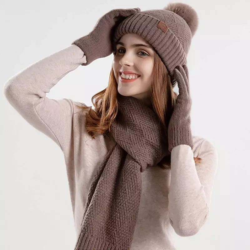 Topi Beanie musim dingin 3 pcs/set, Set topi syal layar sentuh untuk wanita, topi kulit bulu rajut hangat, topi bola bulu