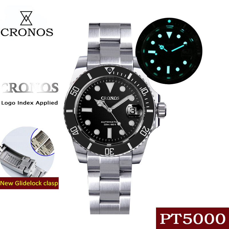 Cronos 200m relógio de mergulho men aço inoxidável cerâmica rotativa moldura cristal safira pt5000 relógios mecânicos automáticos