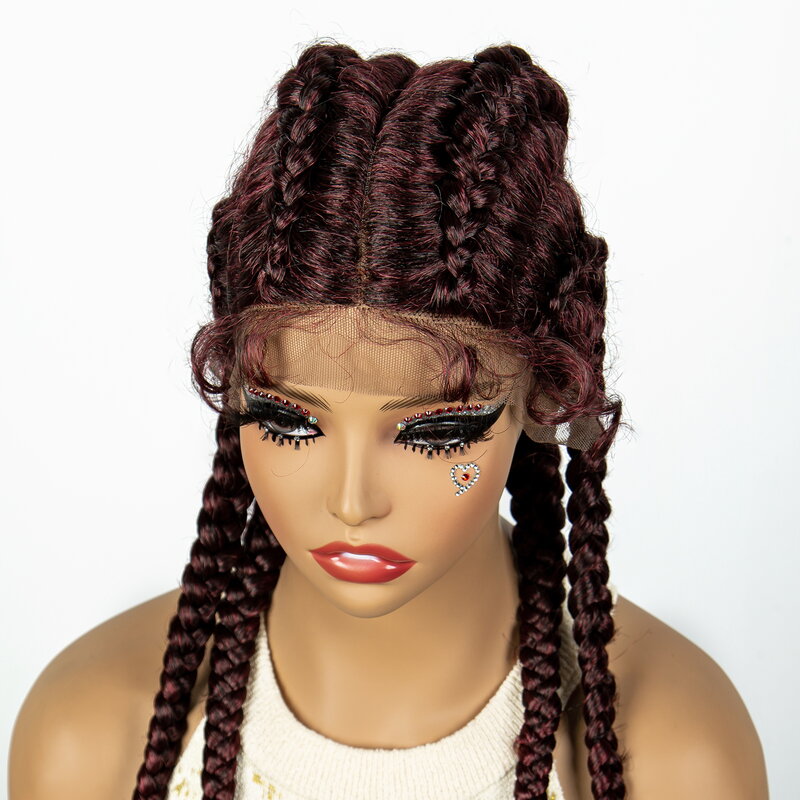 36 Inches Synthetic Cornrow Braided Wigs for Black Women with Baby Hair Lace Frontal 99J Burgundy Braids Wig Daily Use