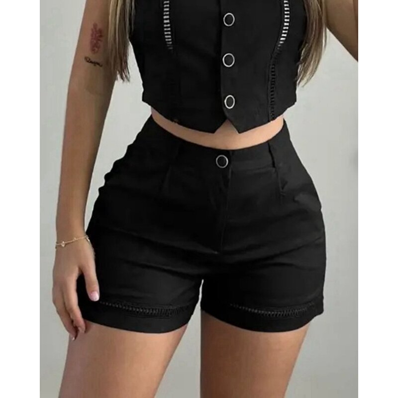 Wweedelige Outfit Women Summer Casual Hollow Out Vest Crop Top & Shorts Set Summer 2 Piece Sets Womens Outfits Solid Clothing