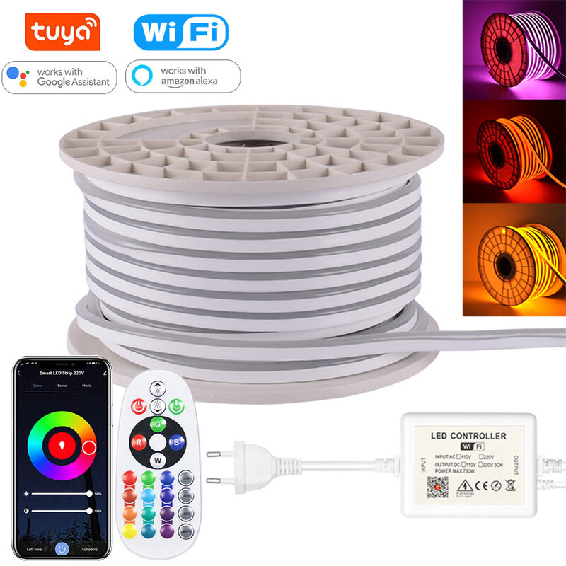 Tuya-インテリジェントLEDストリップライト,wifi付き,防水,蛍光灯220v,EU調光可能